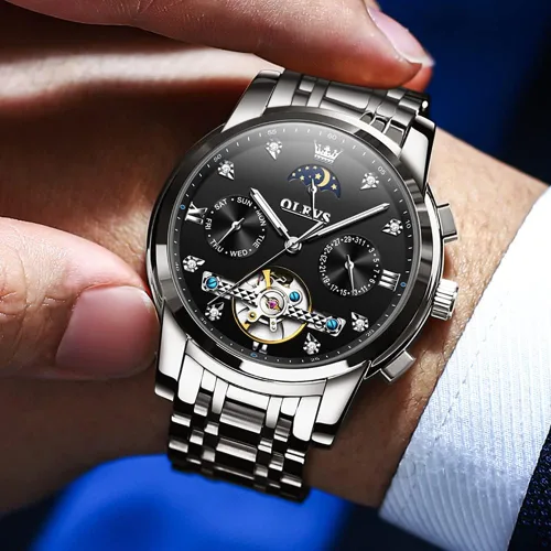 Miniatura 4 de OLEVS Men Automatic Watch Skeleton Moon Phase Dial Luxury Dress Stainless Steel Strap 5 Hands Diamond Men Wrist Watches