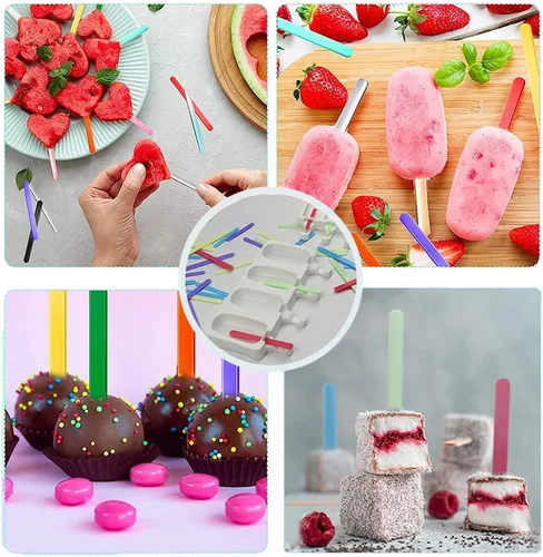 Miniatura 5 de ELANE 4 moldes para paletas de hielo, silicona, con forma de cilindro, blanco, moldes para paletas de hielo con 25 palitos de paletas