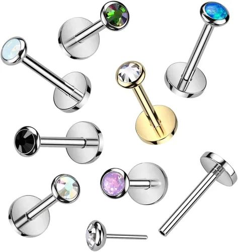 Miniatura 2 de Labret de titanio de grado 18 GA para implante, sin rosca, con parte trasera plana con bisel plano redondo, circonita cúbica u ópalo superior