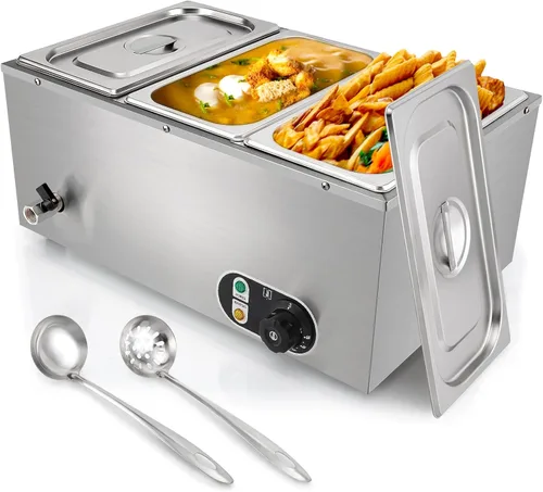 Calentador de alimentos comercial de 3 sartenes, calentador eléctrico de alimentos de acero inoxidable de 1500 W, sartén de mesa de vapor de 6.9