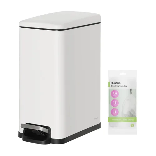 Nunsino Cubo de basura pequeño para baño con 15 bolsas de basura, cubo de basura de acero inoxidable de 2.6 galones con tapa de cierre suave, Blanco
