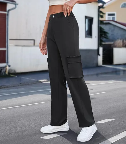 Miniatura 4 de ETOSELL Pantalones cargo de cintura alta para mujer, pantalones casuales de pierna ancha, elásticos, Y2K Streetwear con 6 bolsillos