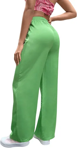 Miniatura 2 de SweatyRocks Pantalones de satén de pierna ancha para mujer con cintura elástica y bolsillo