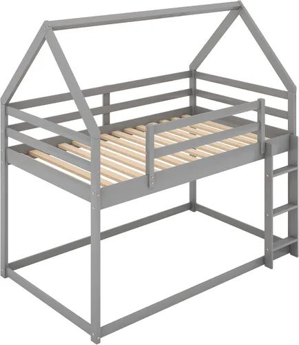 Miniatura 6 de Bellemave Litera baja individual sobre individual con escalera, marco de casa de madera con barandilla, para niñas y niños, gris