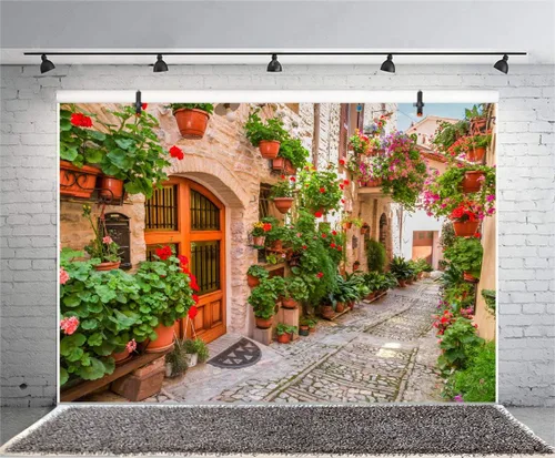 Miniatura 4 de Leyiyi Telón de fondo de flores de primavera de 9 x 6 pies con diseño de aliados de pueblo italiano, flores, arquitectura medieval, vacaciones