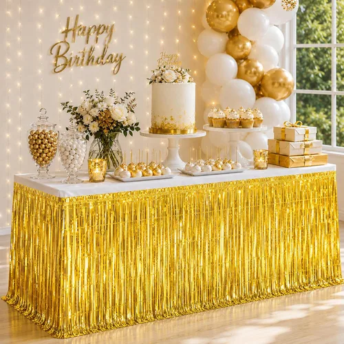 Miniatura 20 de Faldas de mesa de oropel de papel metálico con flecos para mesas rectangulares, cortinas de serpentina, telón de fondo para cumpleaños, boda
