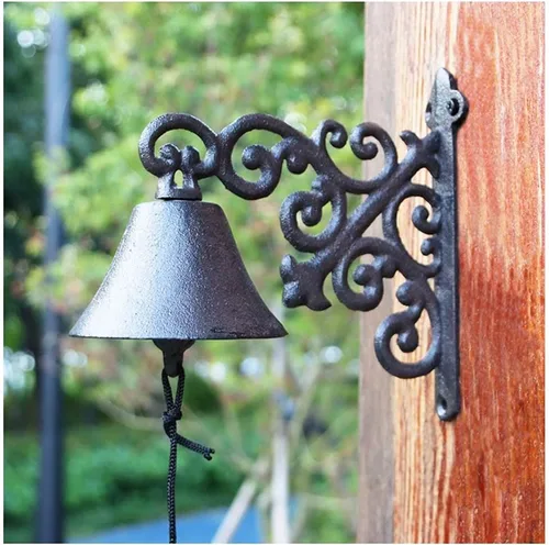 Colgante de jardín al aire libre, campana rústica antigua de hierro fundido grande montado en la pared, timbre de metal para decoración fuera de la