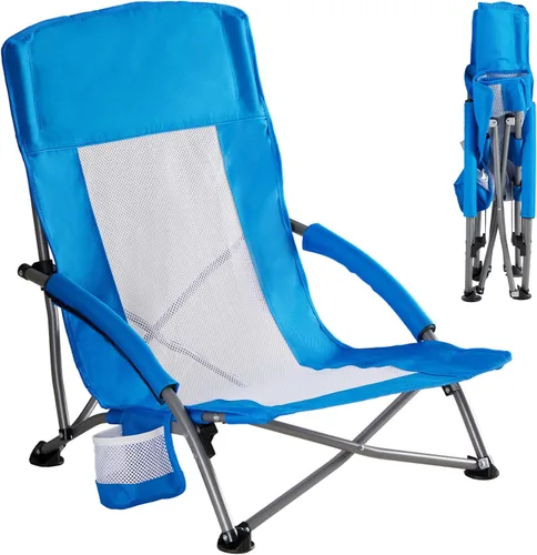 Miniatura 8 de DUMOS Silla de playa plegable para campamento, silla de playa ligera y baja portátil con soporte para tazas, bolsillo de almacenamiento, respaldo