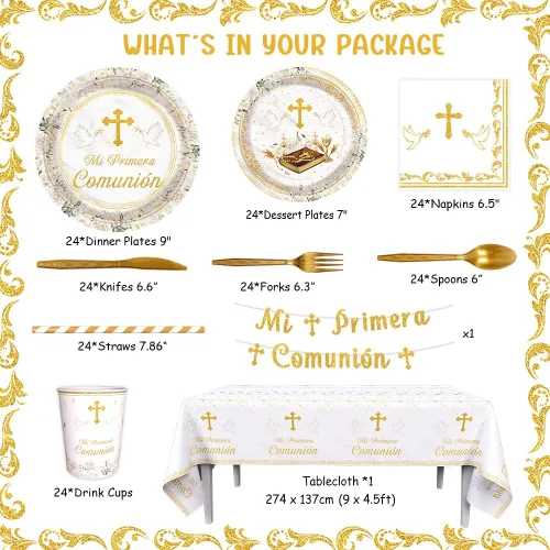 Miniatura 2 de AIBIIN 194 Piezas Decoraciones Mi Primera Comunión, Suministros para Fiesta de Primera Comunión Blanco y Dorado, Pancarta Temática de Bautismo