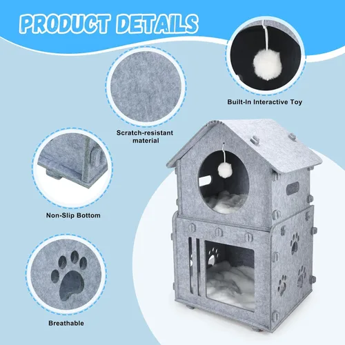 Miniatura 3 de Casa desmontable de 2 plantas para gatos de interior, camas cubiertas y muebles con acolchado lavable, bonito condominio moderno para mascotas