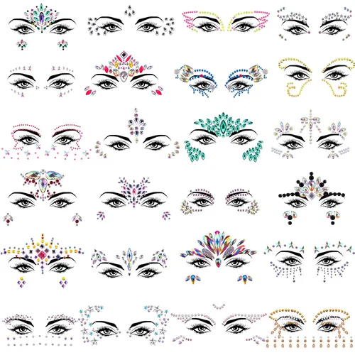 SIQUK 24 juegos de calcomanías para la cara de sirena, gemas de cara de sirena, cristales de diamantes de imitación para festivales, rave, fiesta de