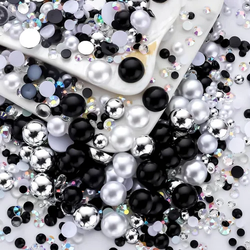 Miniatura 62 de 60g de Perlas Acuamarina Dorada con Diamantes de Imitación para Manualidades Tamaño Mixto 3mm-10mm Color AB Redondas Perlas Medias Planas Conjunto