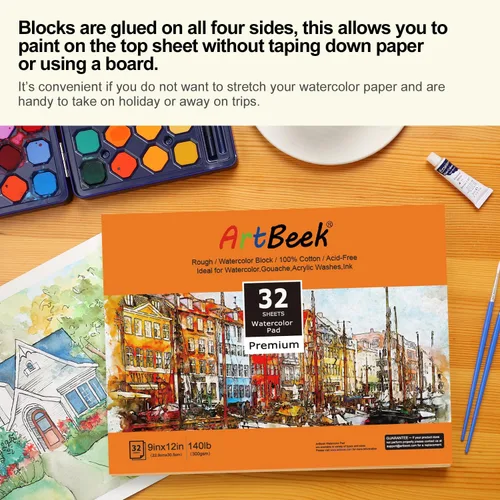 Miniatura 5 de ArtBeek Bloque de papel de acuarela, bloque de acuarela de 9 x 12 pulgadas, 32 hojas, 100% algodón, áspero 140 libras/10.58 oz/m²