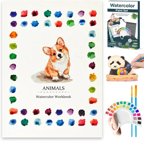 Libro de trabajo de acuarela, libro para colorear al agua con 13 páginas de papel de 300 GSM, juego de pintura de acuarela de 26 colores con pincel