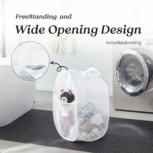 Miniatura 4 de TECHMILLY Cesta plegable de malla para la ropa sucia con asas resistentes y bolsillo lateral, cestas plegables portátiles para ropa para dormitorio