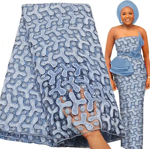 Miniatura 7 de Bestway Diamantes de imitación solubles en agua de moda Bordado con agujeros Tela de encaje africano 5 yardas Tela de estilo de fiesta de boda