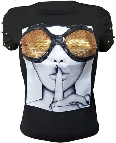 PESION - Camiseta de manga corta para mujer con lentejuelas, cuello redondo y divertido estampado