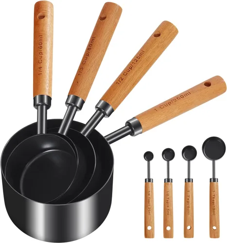 GuDoQi Juego de 8 tazas y cucharas medidoras con mango de madera, tazas y cucharas medidoras de acero inoxidable dorado, medidas, medidas
