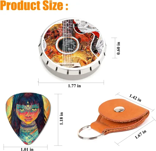Miniatura 3 de Paquete de 12 púas de guitarra medianas con soporte de púas de cuero y caja de lata, púas de celuloide artísticas únicas para bajo, guitarra