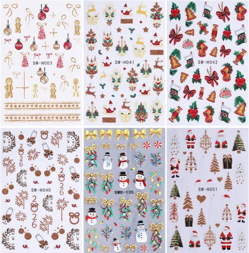 Miniatura 7 de Calcomanías de uñas de Navidad, calcomanías de uñas de invierno 3D, autoadhesivas, coloridas, cadena de luces, árbol de Navidad, reno, diseño