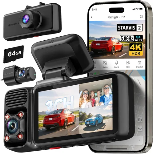 REDTIGER F17 - Cámara de tablero de 4K, 3 canales, con GPS integrado y WiFi de 5GHz, con tarjeta de 64GB, 2160P+1080P+1080P frontal y trasera,