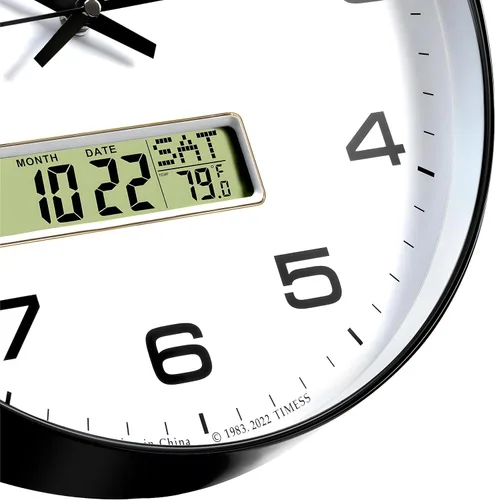Miniatura 3 de TIMESS Reloj de pared, esfera de 12 pulgadas, sin tic-tac, silencioso, funciona con pilas, analógico con pantalla LCD para calendario perpetuo