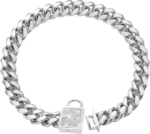 Collar de perro con cierre de circonita de 0.555 pulgadas, collar de metal plateado para cachorros, collar de lujo para perro, pequeño mediano