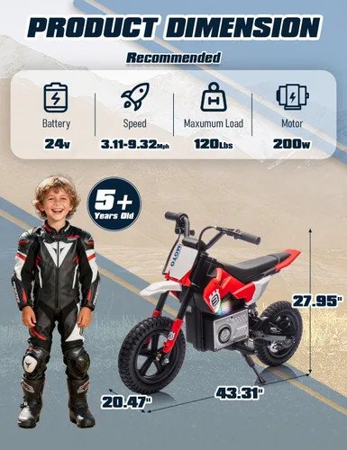 Miniatura 2 de Motocicleta eléctrica para niños de 5 a 10 años, 24V 200W Moto de cross eléctrica de mayor velocidad, motocicleta montable para niños con Rojo