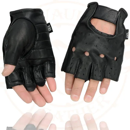 Miniatura 4 de Milwaukee Leather SH195 - Guantes de piel para hombre, color negro, perforados, con palma de gel acolchada, sin dedos, para motocicleta, con "Open