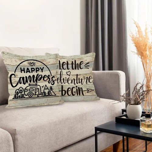 Miniatura 6 de Fundas de almohada decorativas con temática de campamento, 2 x 18 x 18 pulgadas, mezcla de lino y algodón beige, impresión de letras rústicas