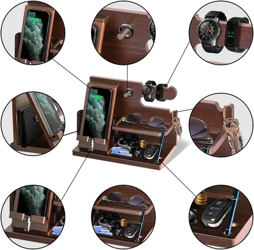 Miniatura 2 de Gifts for Men Wood Phone Docking Station for Mens Gifts for Christmas Husband Anniversary Dad Birthday Gifts for Men or Dad - Nightstand Organizer