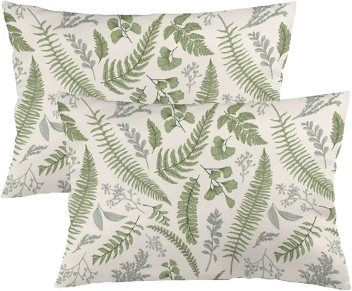 Juego de 2 fundas de almohada de tamaño Queen, color verde salvia, hojas tropicales, hojas botánicas, vintage, floral, funda de almohada lumbar,