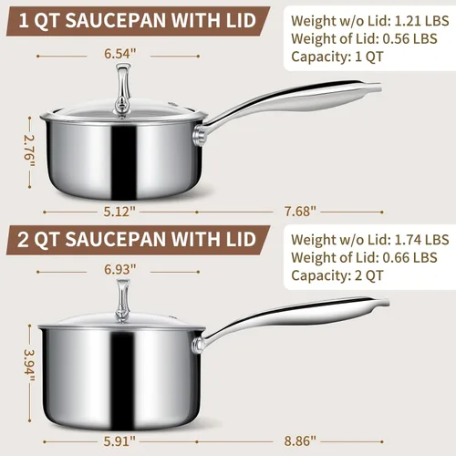 Miniatura 2 de EWFEN Juego de sartenes de acero inoxidable de 3 capas con tapas, olla multiusos de 1 y 2 cuartos de galón, mango que se mantiene fresco, horno