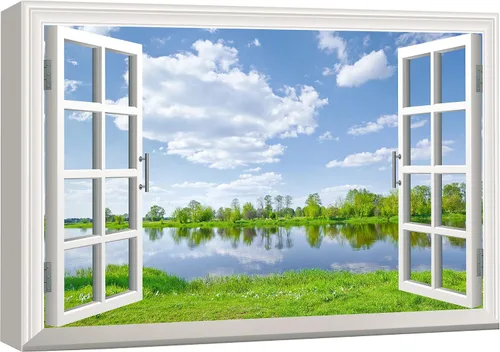 Miniatura 49 de wall26 - Cuadro en lienzo para pared, vista de ventana, río neón turquesa, rápido, bosque, lago, arroyo, naturaleza salvaje, fotografía, realismo