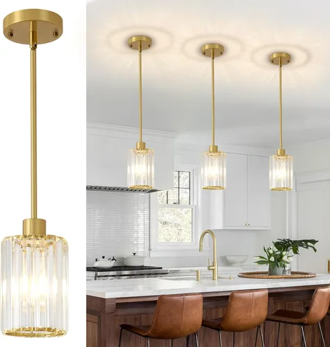 Lámparas colgantes de cristal, paquete de 3 unidades de lámparas colgantes en oro cepillado para isla de cocina, modernas mini lámparas colgantes de