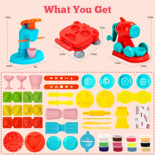 Miniatura 5 de SOCBTNSO Juego de masa 3 en 1, 59 piezas para niños de 4 a 8 años, kit de herramientas de masa con máquina para hacer helados, fideos