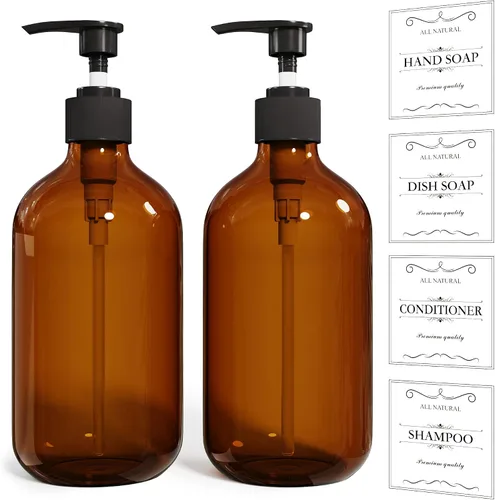 2 piezas de dispensador de jabón de platos ámbar para cocina (16 oz), dispensador de jabón de manos marrón para baño, juego de dispensador de jabón