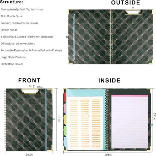Miniatura 2 de Portapapeles Portafolio con Bloc de Notas Recargable, Carpeta de Portapapeles de Tapa Dura en Espiral, 5 Separadores, Portapapeles de Almacenamiento