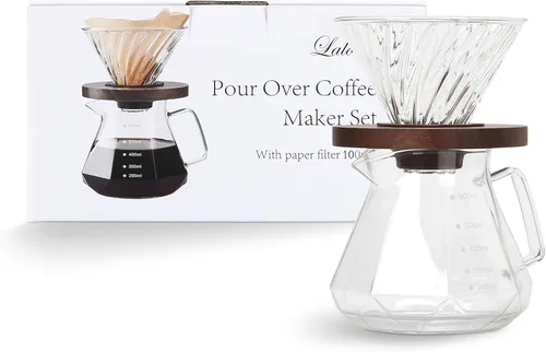 Miniatura 4 de Lalord Cafetera de Vertido, Jarra de Vidrio Borosilicato de 20 oz con 100 pcs Filtros de Papel V60 por Gsform, Mango de Nogal y Tapa de Vidrio