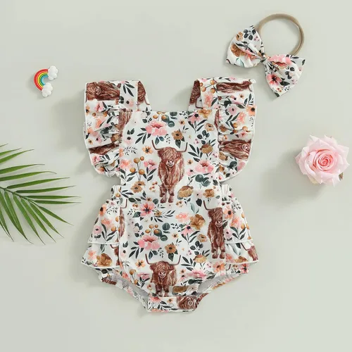 Miniatura 2 de Karuedoo Ropa de bebé del oeste con estampado de vaca, sin mangas, con volantes, traje de vaquera
