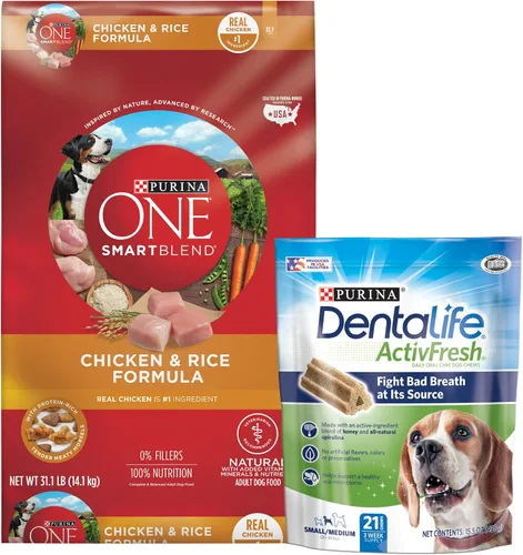 DentaLife Purina Paquete de alimentos secos para perros adultos y golosinas, una fórmula de pollo y arroz ActivFresh