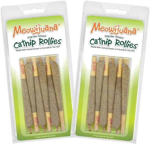 Meowijuana Rollies 2-Pack | Dos paquetes de 6 rollos de hierba gatera tamaño King | Cosechado a mano y enrollado hierba gatera de alta potencia |
