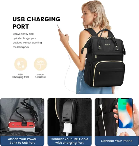 Miniatura 4 de LOVEVOOK Mochila para laptop de 17 pulgadas para mujer, mochila grande de viaje para computadora con puerto de carga USB, mochila antirrobo