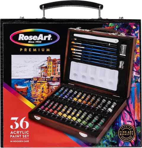 RoseArt Juego de pintura acrílica prémium de 36 quilates en estuche de madera, juego completo de acrílico para lienzo, madera, cerámica y telas,