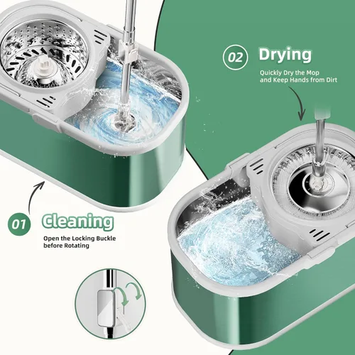Miniatura 2 de Trapeador giratorio y cubo con escurridor para el hogar, trapeador de 360° y cubo con agua limpia y sucia separada, mopa de polvo húmedo para Negro