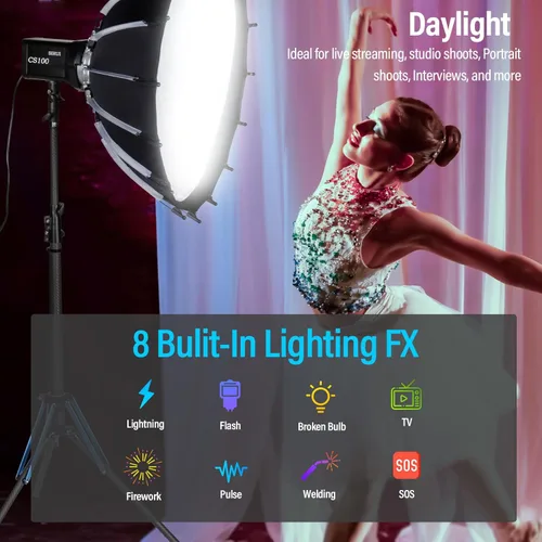 Miniatura 3 de SIRUI Luz de video LED CS100 de 100 W, iluminación continua de luz diurna portátil, CRI 96 de 5600K, TLCI 98 4000Lux/m, montaje Bowens, 8 efectos