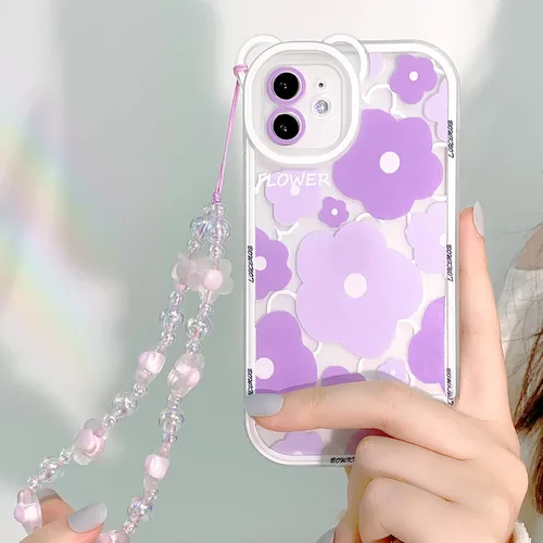 Miniatura 3 de NITITOP Funda compatible con iPhone 11, funda transparente con diseño de oso floral y cadena de pulsera de flores para mujeres y niñas, funda de TPU