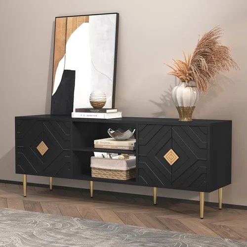 Miniatura 6 de HLR Soporte de TV negro moderno de 63 pulgadas para TV de 65/70/75 pulgadas, centro de entretenimiento con gabinete de almacenamiento, consola de TV