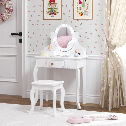 Miniatura 12 de Spirich Vanidad para niños, juego de tocador para niñas con espejo, taburete y luces, juego de mesa y silla de tocador para niños, mesa de tocador