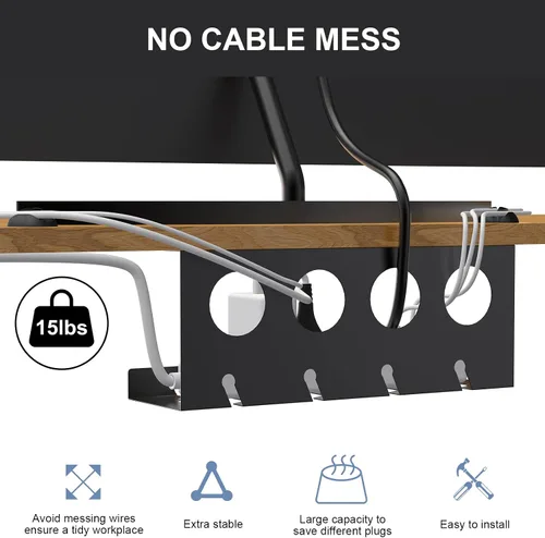 Miniatura 6 de Organizador de cables debajo del escritorio, paquete de 2 bandejas de metal súper resistentes para cables y regletas de alimentación (12.6 pulgadas)